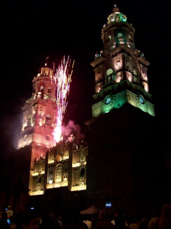 Catedral light and fireworks show, downtown Morelia, Michoacan