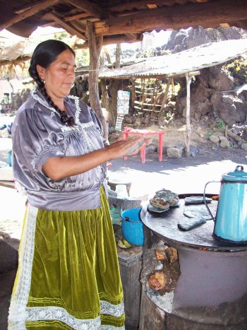 Quesadillas lady at San Juan Parangaricutiro, the buried church ruins near Paricutin volcano, Uruapan, Michoacan