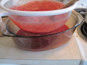 Jam making in New Zealand - straining plum juice from pulp